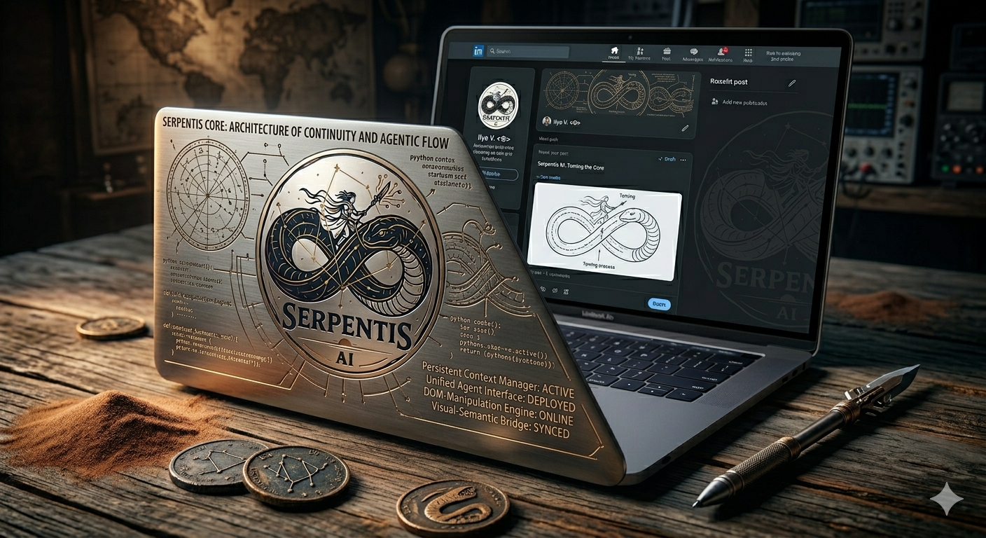 Serpentis: a symbolic research artefact beside a laptop